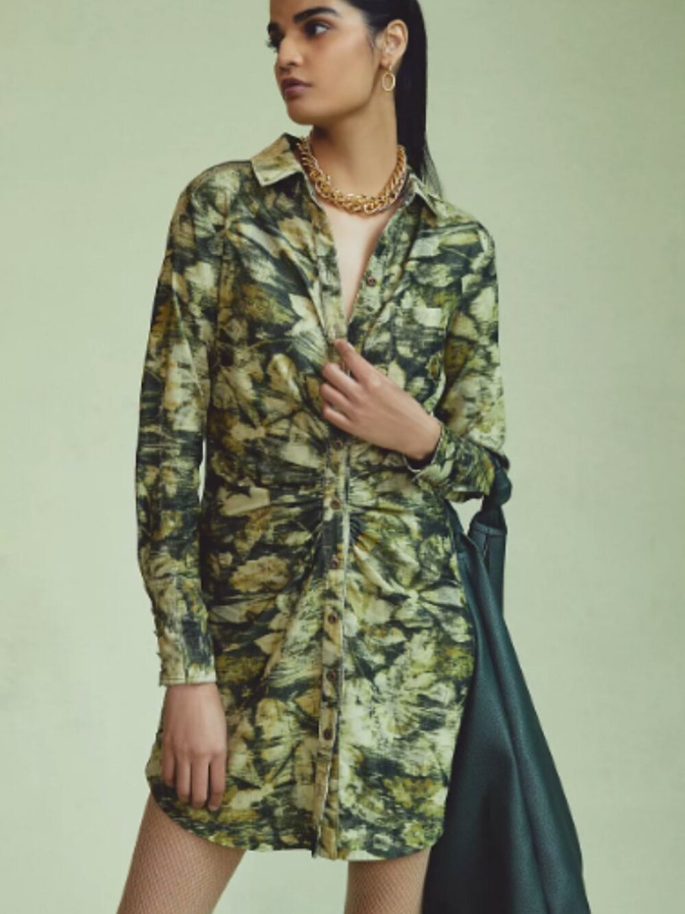 Anthropologie Pilcro Ruched Corduroy Shirt Dress camo style floral print size 2